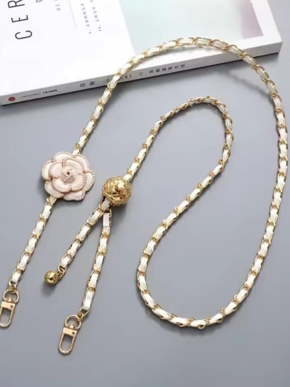 White and Gold Chain Strap with Floral Accent